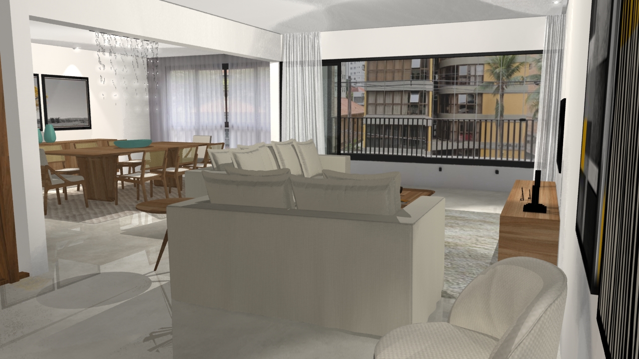 Projeto 3D de sala com sofá de alto padrão